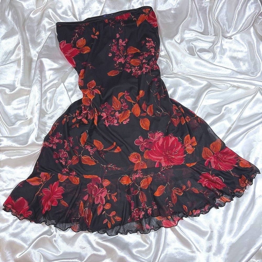 y2k Skirt Black Excellent Star City Floral Mesh High Low Lettuce Edge Trim